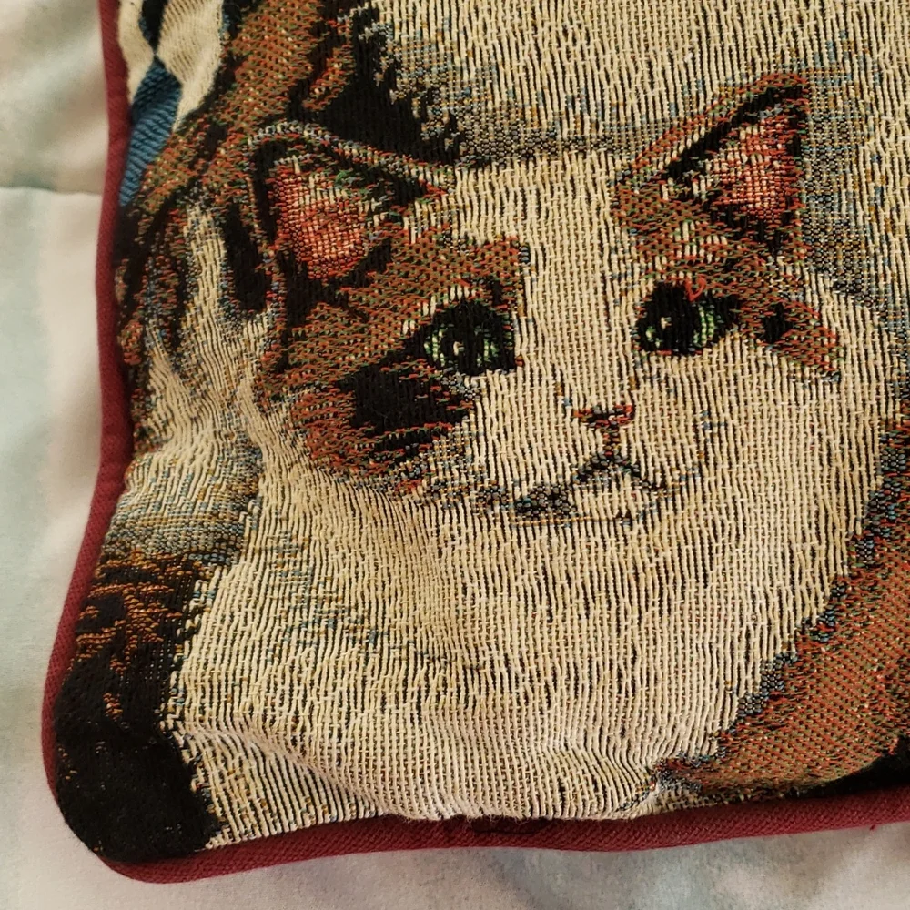 Vintage 1998 Apple Jack Cat or Kitten Tapestry Pillow 16X16